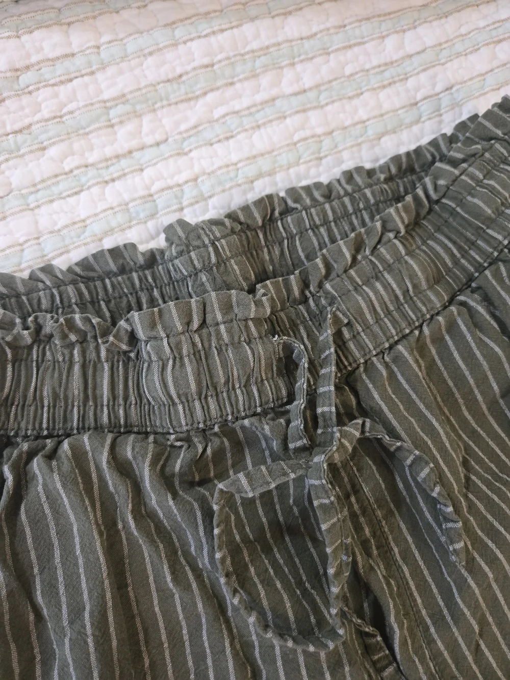 Olive Green Pinstripe Wide-Leg Loung Linen Blend Pants L - Picture 3 of 8